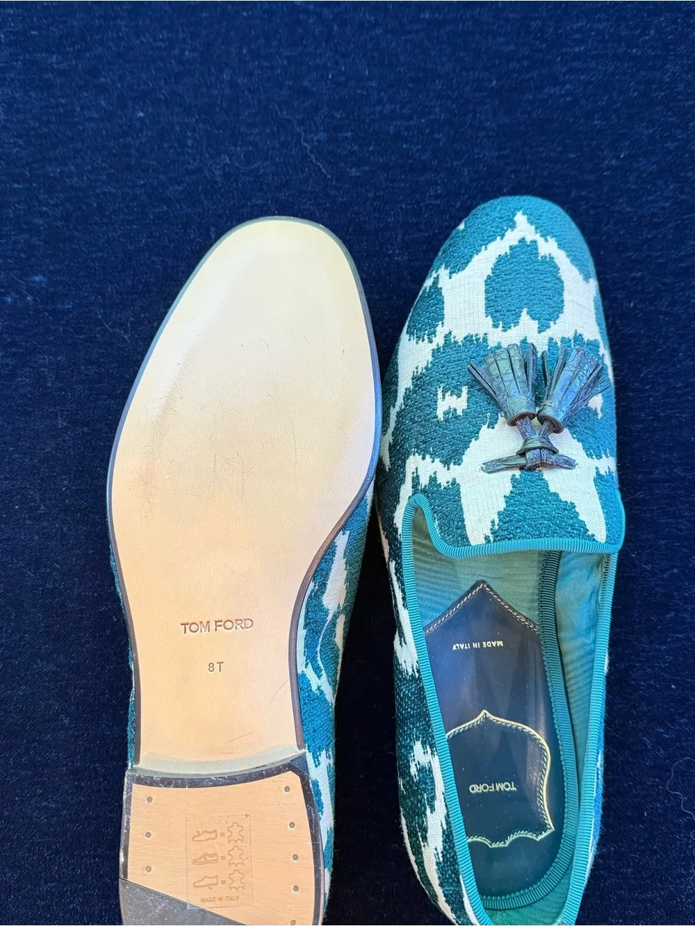 Tom Ford Teal and Cream Ikat Tassel Loafers